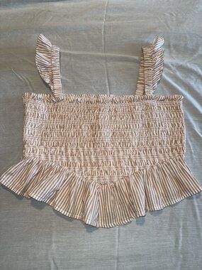 American Eagle Smocked Ruffle Striped Crop Tank Top - Beige/White